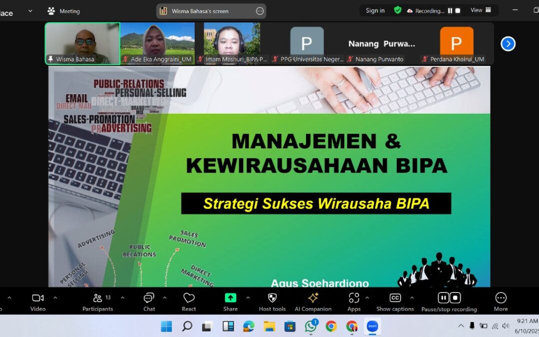 Kuliah Dosen Praktisi Magister BIPA UM Bahas Manajemen dan Kewirausahaan dalam Pendidikan BIPA di Era Globalisasi